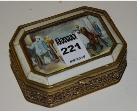 An early 20th century French ormolu trinket box, the hinged lid with central handpainted interior scene, possibly ivory borde