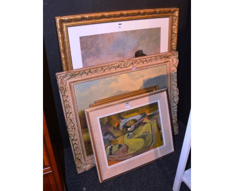 A quantity of pictures and prints, to include Mckay oil on board, and a large spy style print etc (6)