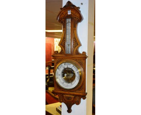 A Victorian oak patent wall barometer by R Cameron Ayr, with thermometer guage above glazed enamel dial, 86cm high