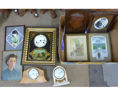 Assorted prints, paintings, black and gilt wall clock and two mantel clocks 