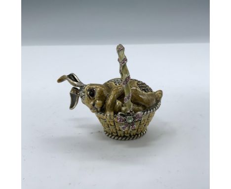 Beautiful trinket box decorated with enamel and colored crystals. Jay Strongwater stamp on the bottom. It comes with a cloth 