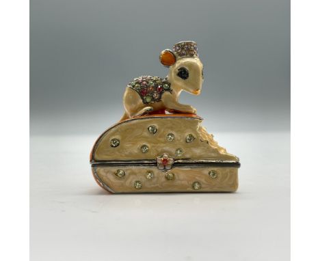 Beautiful silver metal trinket box with enamel, and colorful crystals. Jay Strongwater stamp on the bottom. Dimensions: 1.6"L