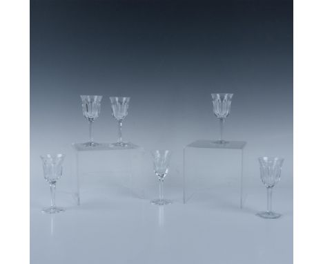 Gorgeous set of clear crystal in the Malmaison cut pattern that features a hexagonal base and sleek stem. Baccarat acid backs