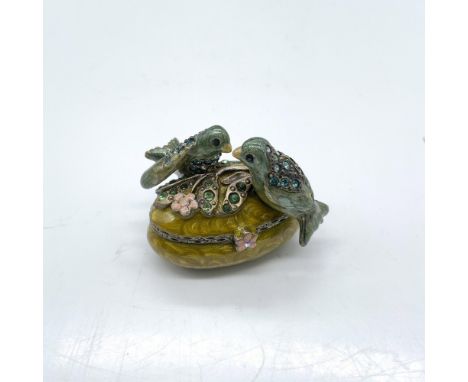 Beautiful trinket box decorated with enamel and colored crystals. Jay Strongwater stamp on the bottom. Dimensions: 1.5"L x 1.