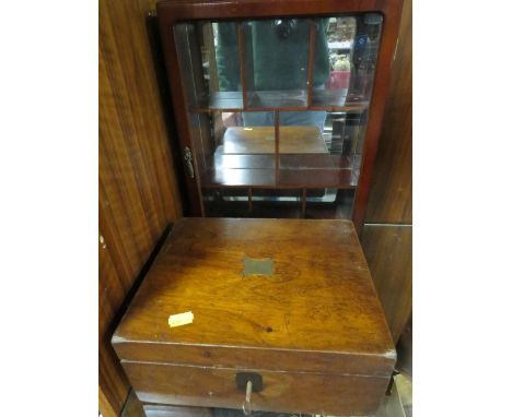 A vintage three section tea caddy together with a small writing slope and a small glazed display cabinet (3) 