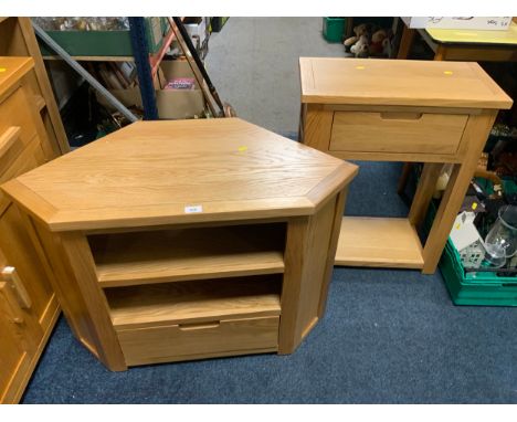 A modern light oak side table and a media cabinet. (2) 
