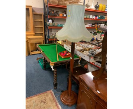 An Eastern style hardwood standard lamp and shade and a small table. (2) 