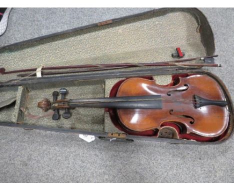 A vintage wooden cased violin with bow 