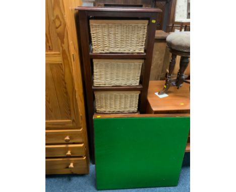A modern wicker shelving unit together with a folding card table  and a packing trunk (3) 