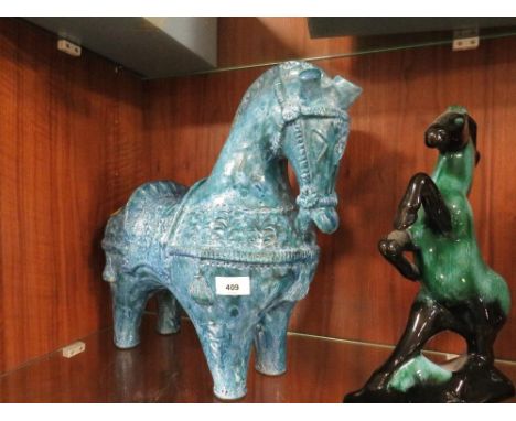 An unusual blue ceramic horse together with another (2) 