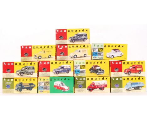 A large collection of 12x Vanguards 1:43 scale diecast models. Largely variations on a Morris Minor, but also some others. To