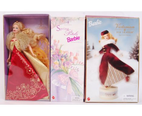 Three Mattel various themed Barbie dolls to include; Victorian Ice Skater, Avon Exclusive Spring Petals Barbie &amp; Glamorou