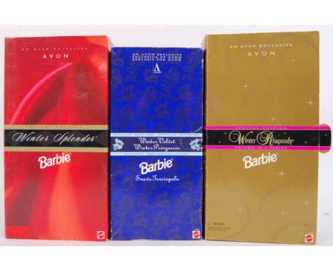 Three Avon Exclusive Mattel various themed Barbie dolls to include; Winter Splendor, Winter Rhapsody &amp; Winter Velvet. All
