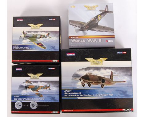 Four 1/72 scale Corgi Aviation Archive diecast model fighter planes comprising of; AA31931 Supermarine Spitfire, AA39705 Spit