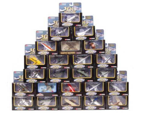 A large collection of 24x Corgi ' 100 Years Of Flight ' boxed diecast model aeroplanes - mostly military related. All appear 