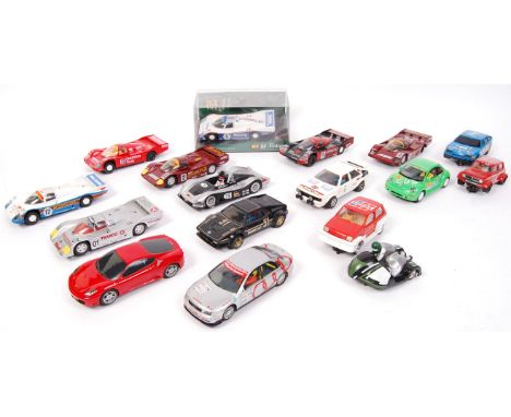 A collection of 16x loose 1/32 scale Scalextric / Hornby plastic racing slot cars of various liveries to include; Kenwood, Sh