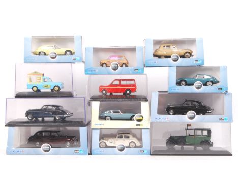 A collection of 12x 1:43 scale Oxford Diecast model cars. All models appear within the original display boxes, some with oute