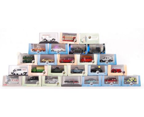 A large collection of approx 25x Oxford Diecast 1:76 scale (some N Gauge) trackside diecast model cars and related vehicles. 