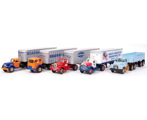 A collection of 5x American made First Gear 1:34 scale precision diecast model lorries / Mack trucks. All haulage related. To