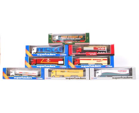 A collection of 8x Corgi diecast model ' Superhaulers ' lorries. To include; Safeway, Eddie Stobart, Royal Mail, Esso, Tesco 