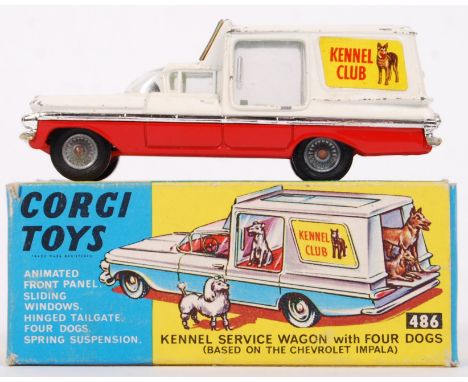 An original vintage Corgi Toys diecast model No. 486 ' Kennel Service Wagon With Four Dogs .' Model appears in fair to good c