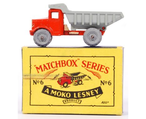 An original vintage Matchbox Moko Lesney diecast model No. 6 ' Quarry Truck .' Very near mint in condition, orange, with grey