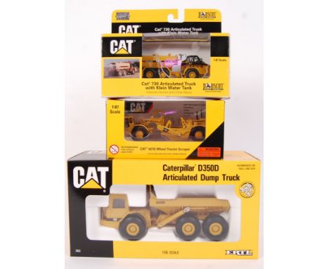 A collection of 3x 1:87 & 1:50 scale Ertl & Norscot diecast model CAT construction vehicles to include; 55141 730 Articulated