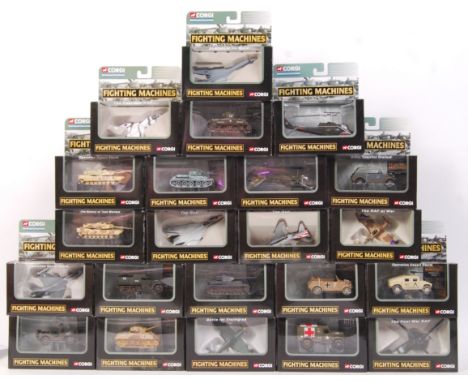 A large collection of 22x Corgi ' Fighting Machines ' boxed diecast military models. Planes, tanks, armoured cars etc. All di
