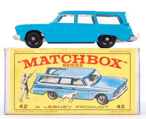 An original vintage Matchbox Lesney diecast model No. 42 Studebaker Station Wagon (with figures). Sea blue body with light bl