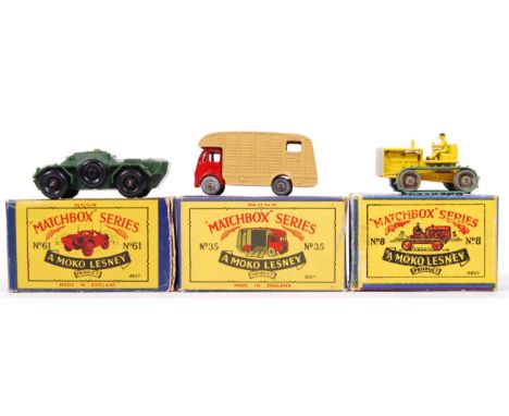 A collection of 3x original vintage Matchbox Moko Lesney boxed diecast model vehicles. Comprising of; No. 35 Horse Box (a lab