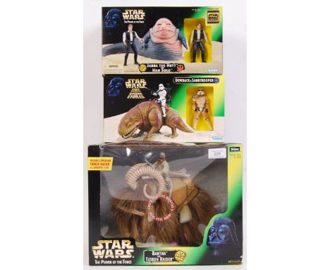 A collection of 3x factory sealed Star Wars action figure sets by Kenner. To include; Jabba The Hutt &amp; Han Solo, Dewback 