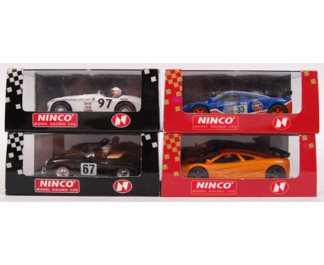 A collection of 4x 1/32 scale Ninco plastic racing slot cars to include; 50136 Ferrari 166 MM, 50140 McLaren F1 GTR, 50155 Po