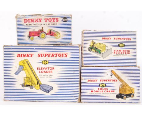A collection of 4x vintage Dinky diecast model vehicles to include; 27AK Farm Tractor &amp; Hay Raker, 961 Blaw- Knox Bulldoz
