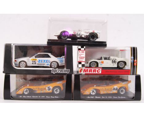 A collection of 5x various branded 1/32 plastic racing slot cars to include; Chaparral 2, 2x Historic Scale Racing Replicas, 