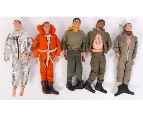 A collection of 4x vintage Palitoy made Action Man dolls / action figures. Each with clothing. To include; spaceman, soldier,