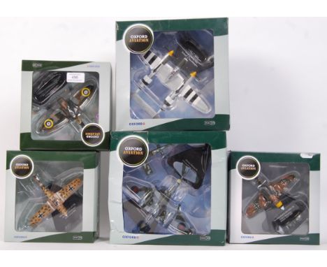 A collection of 5x Oxford Aviation 1:72 scale diecast model aeroplanes. To include; Spitfire, Lockheed, Fiesler and 2x Messer