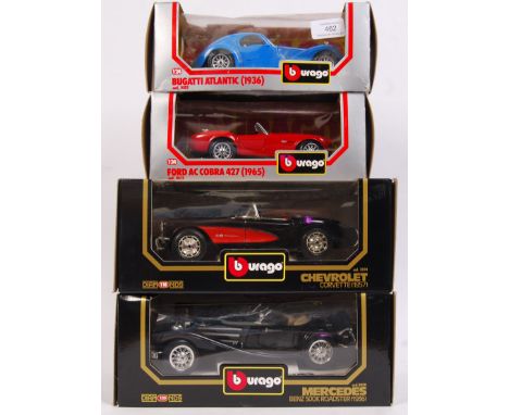 A collection of 4x Burago diecast models. Two being 1:24 scale ( Bugatti and Ford AC Cobra) and the other two being 1:18 scal