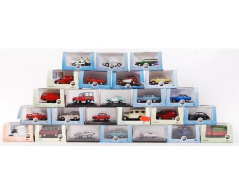 A collection of 25x Oxford 1:76 00 trackside scale diecast model cars. To include; Austin, Jaguar, Morris, E Type Jag, Vauxha