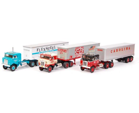 Three American made First Gear 1:34 scale precision diecast model lorries / Kenworth trucks. All haulage related -Flexsteel, 