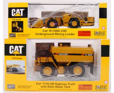 A collection of 2x Norscot 1:50 scale CAT diecast model construction vehicle to include; 55140 R1700G Underground Mining Truc