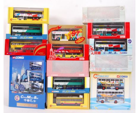 A large collection of 13x 1:76 Corgi Chinese Buses related diecast modes. All appear mint and unused, within the original dis