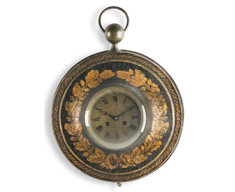 A French green and gilt tôle circular wall clock19th century With brass ball and ring suspension and decorated with an oak le