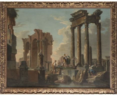 After Giovanni Paolo Panini, early 19th CenturyAn architectural capriccio with soldiers before ruinsoil on canvas 108 x 141cm