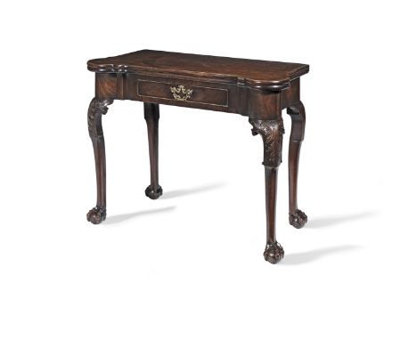 A late George II carved mahogany gate-leg card tableThird quarter 18th centuryThe shaped eared rectangular top opening to rev