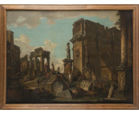 After Giovanni Paolo Panini, 18th CenturyAn architectural capriccio with soldiers before the Arch of Constantineoil on canvas