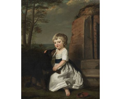 George James (active England 1755-1795)Portrait of Sir Frederick Morton Eden as a child, seated on a stone step, patting a do