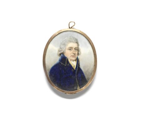 Nathaniel Plimer (British, 1751-1822)A portrait miniature of a gentleman, wearing a blue coat with yellow piping over his yel