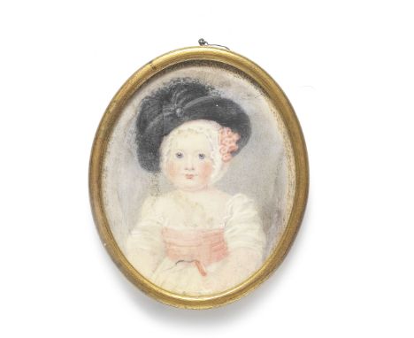 English school, circa 1790 An infant girl said to be the Hon. H. F. L. Lavender, wearing a white dress with a pink sash and a