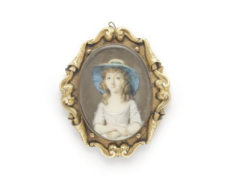 English School, circa 1780-90A portrait miniature of a young girl, wearing a white dress with frilled lace trim and a broad r