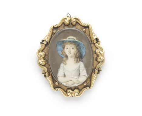 English School, circa 1780-90A portrait miniature of a young girl, wearing a white dress with frilled lace trim and a broad r